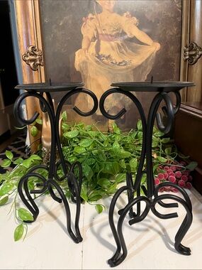 MCM Candle Holders 2 Black Heavy Wrought Iron Never Used Gothic Castle Decor VTG